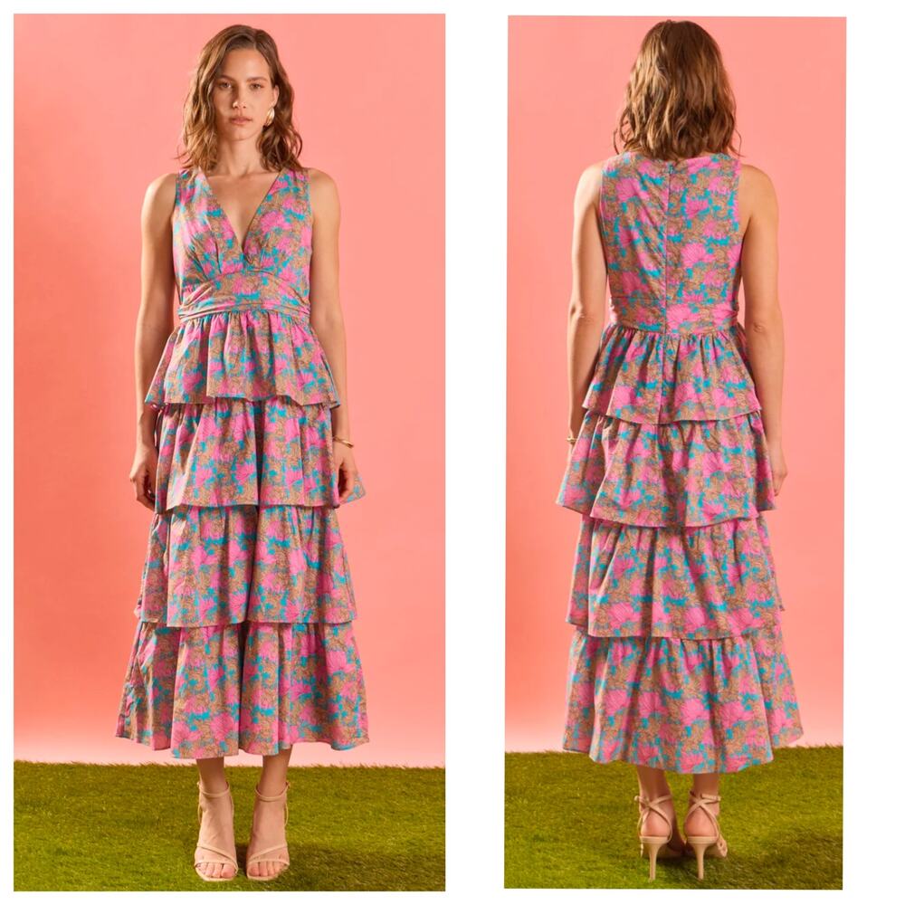 Hyacinth House Tuckernuck Floral Tiered Midi Dress Pink Blue Cotton S NWT